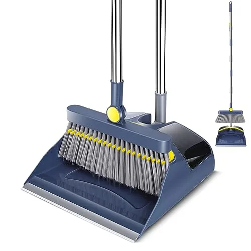 Masthome Broom and Dustpan Set with Long Handle, 180° Rotating Broom and Large Capacity Dustpan Combo, Upright Stand Dustpan and Broom for Home Kitchen Office Lobby