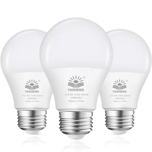 YAOHENG A19 LED Light Bulb, 9W(60W Equivalent) LED Bulbs, E26 Standard Base, 2700K Warm White, 800 Lumens, Dimmable 9W Bright White Light Bulbs for Home Office (3-Pack)