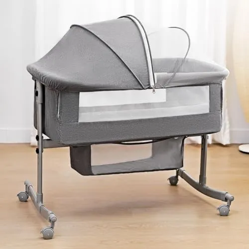 Bedside Crib for Baby, 3 in 1 Bassinet with Large Curvature Cradle, Bedside Sleeper Adjustable and Movable Beside Bassinet with Mosquito Nets, Safety Certificattion Guarantee (Grey)