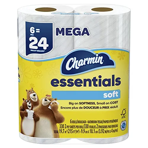 Charmin Essentials Soft Toilet Paper 6 Mega Rolls, 330 sheets per roll