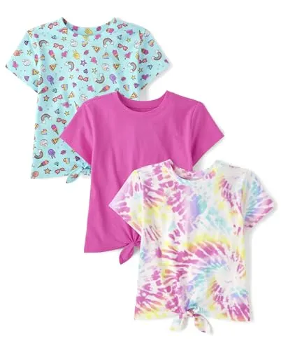 The Children's Place Girls' Short Sleeve Front Top, Tie Dye/Icons/Pink 3-Pack