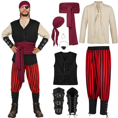 AOTHSO 8 Pieces Halloween Men's Renaissance Costume Set Pirate Outfit Cosplay Medieval Shirt Pants Viking Vest Headscarf Belt